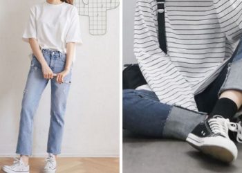 Áo phông phối cùng quần jeans và giày thể thao nữ