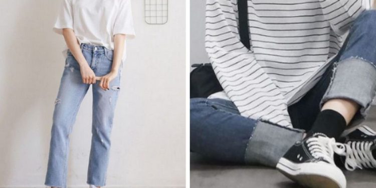 Áo phông phối cùng quần jeans và giày thể thao nữ