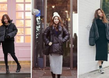 Áo khoác phao mix váy len dáng dài