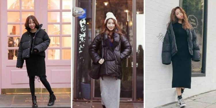 Áo khoác phao mix váy len dáng dài